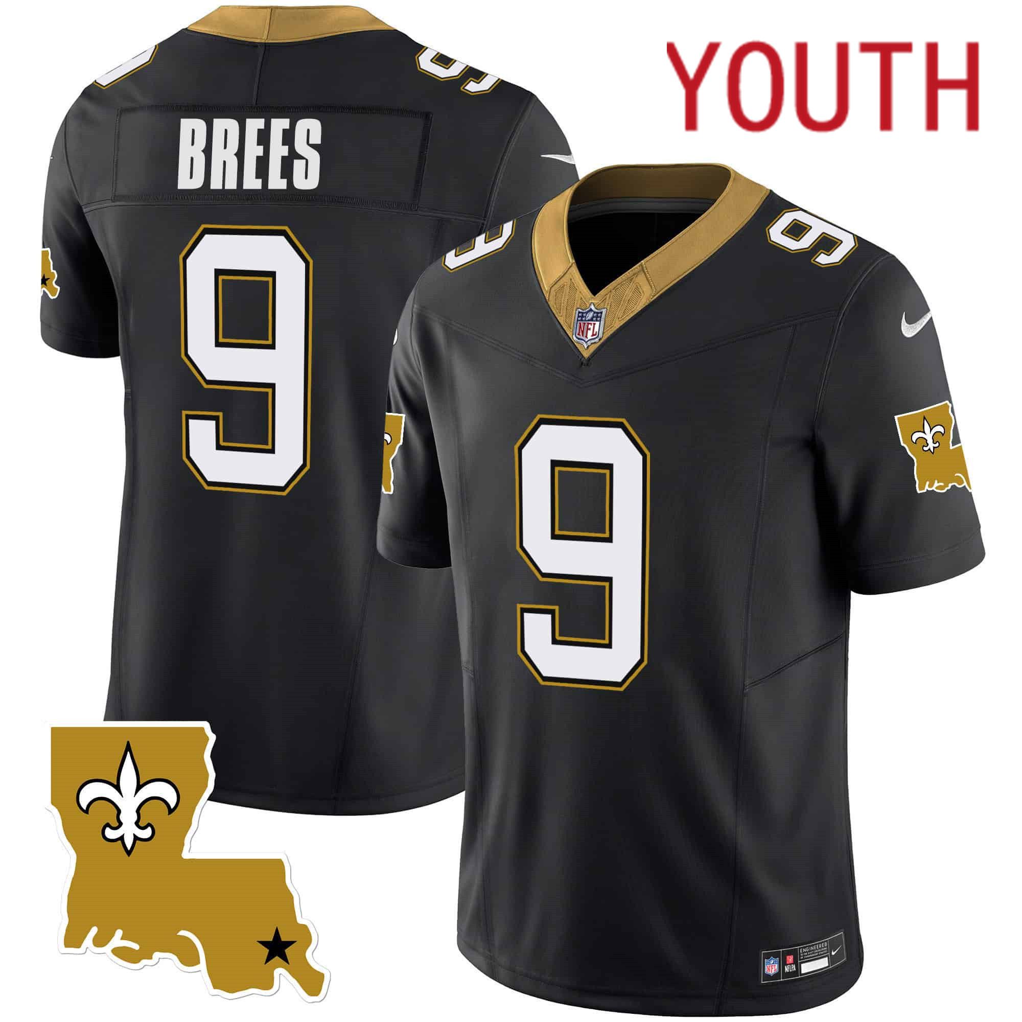 Youth New Orleans Saints #9 Brees Black 2024 Nike 1987 Legacy Vapor Limited NFL Jersey style 1